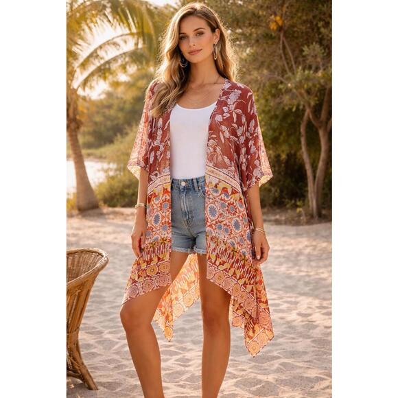 Yeti Tops - Yak & Yeti Boho Kimono Cardigan One Size Floral Patchwork 100% Viscose NWT